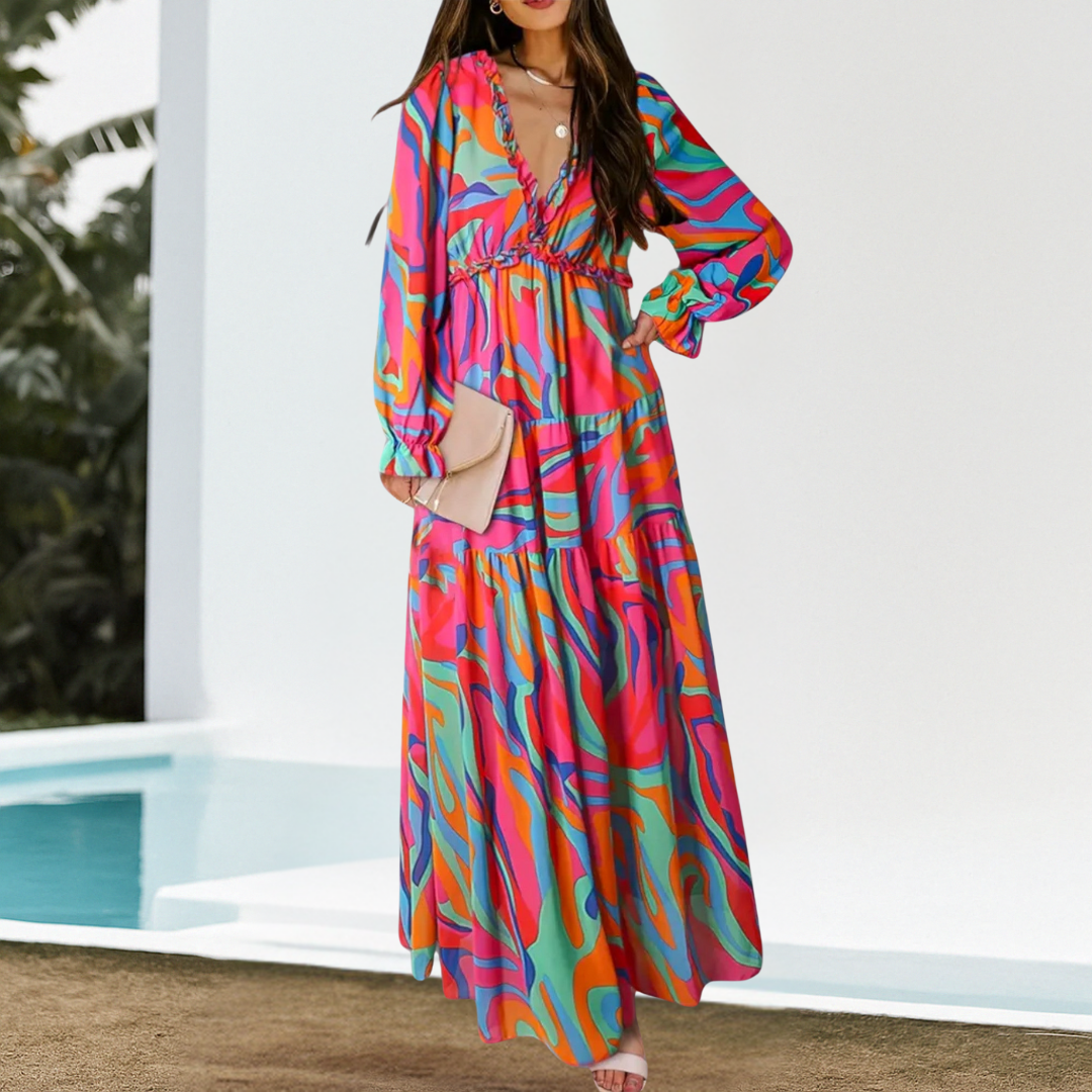 Floral Print Deep V-Neck Dress with Long Sleeves