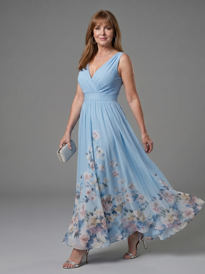 Sleeveless V-Neck Floral Print Midi Dress