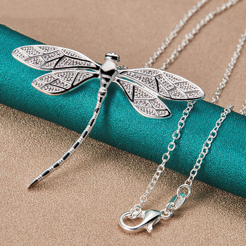 Dragonfly Pendant Necklace with Delicate Wings in Silver Colour