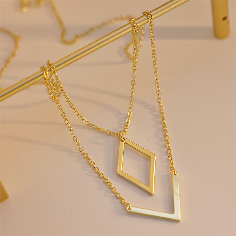 Retro Geometric V-Pendant Necklace in Gold Colour with Sharp Lines