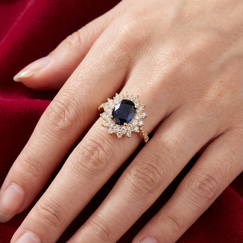 Blue Stone Cocktail Ring with Crystal Halo Setting