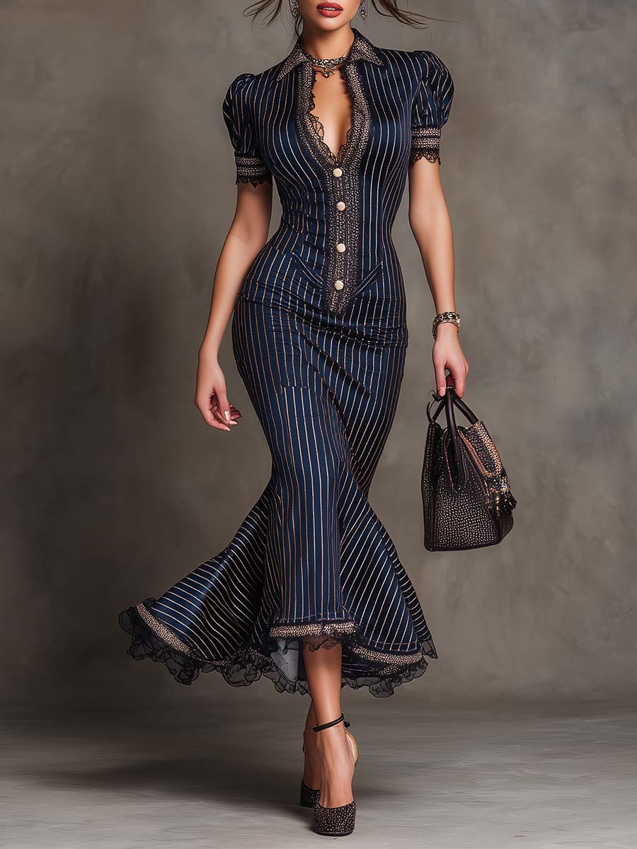 Vestido midi de raya diplomática con detalles vintage de encaje