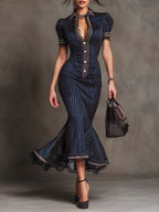 Vestido midi de raya diplomática con detalles vintage de encaje