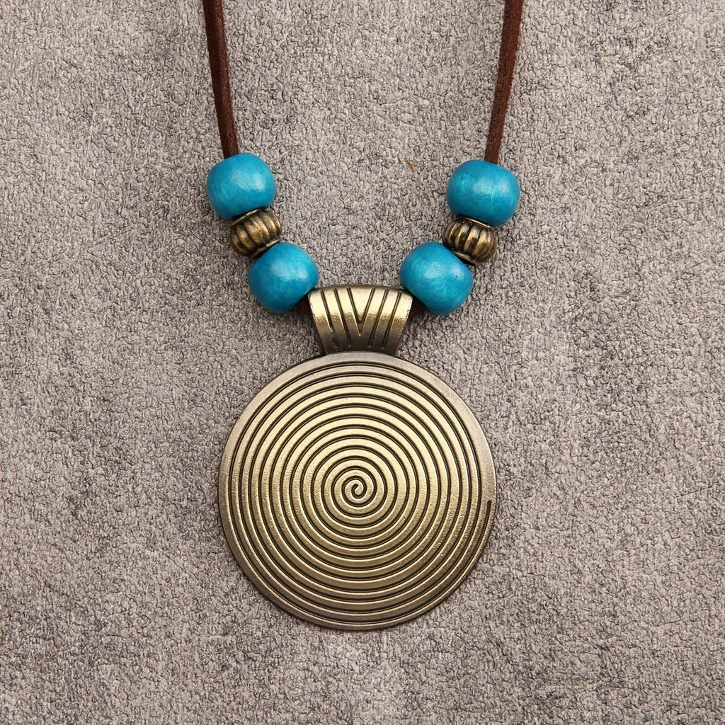 Vintage Zodiac Wooden Bead Pendant Necklace with Natural Texture