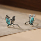 Blue-Green Stone Dragonfly Stud Earrings in Silver Colour