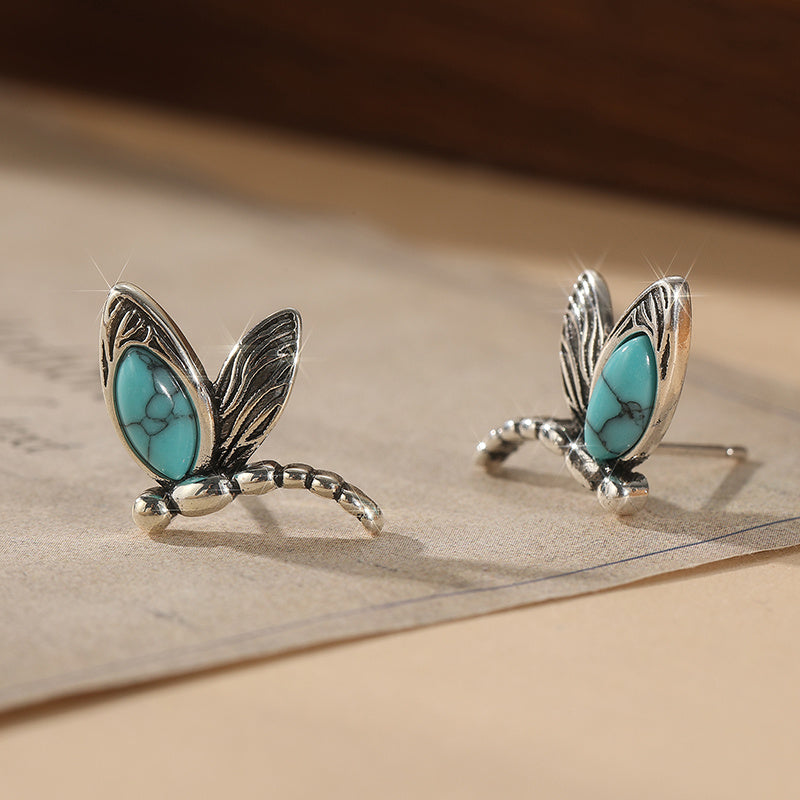 Blue-Green Stone Dragonfly Stud Earrings in Silver Colour