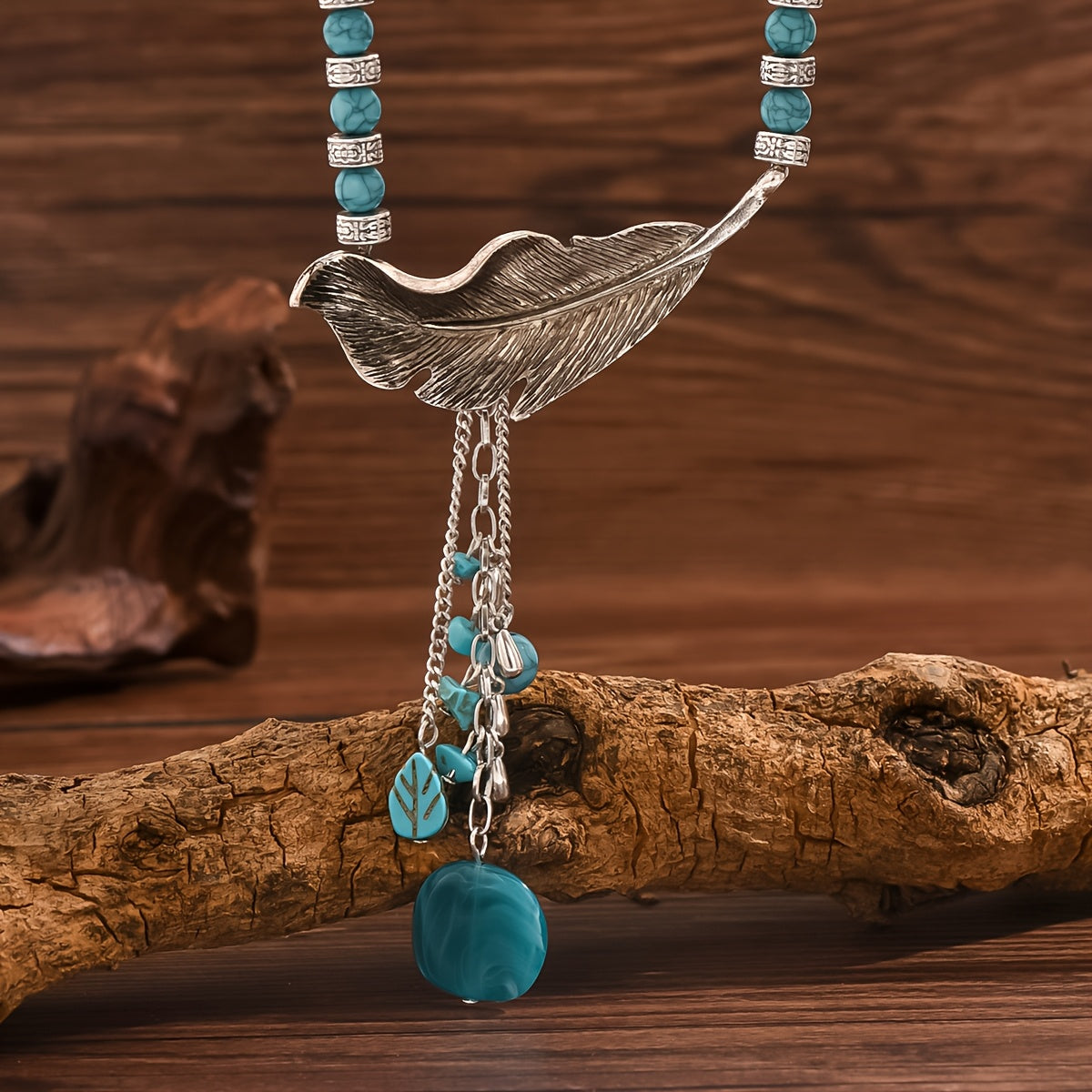 Vintage Bohemian Blue-Green Bead Leaf Pendant Necklace