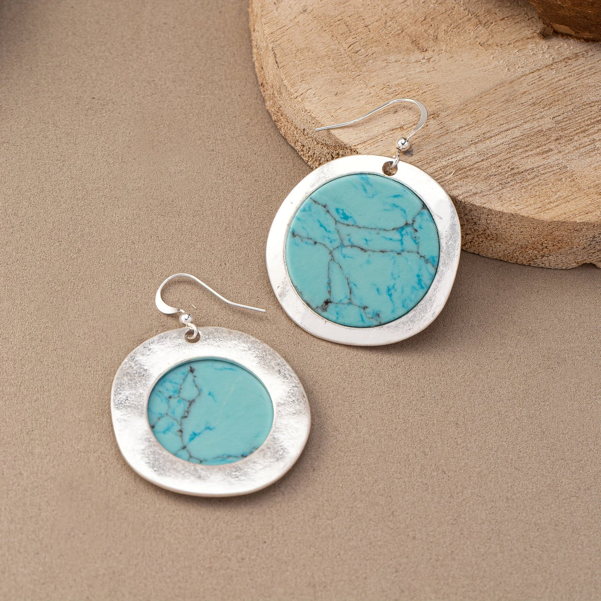 Vintage Bohemian Round Blue-Green Stone Earrings with Earthy Tone