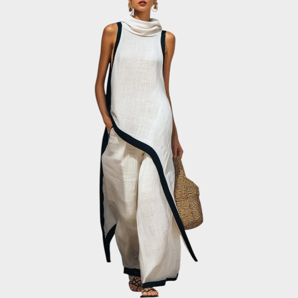 Asymmetric Two Piece Set with High Neck and Contrast Trim