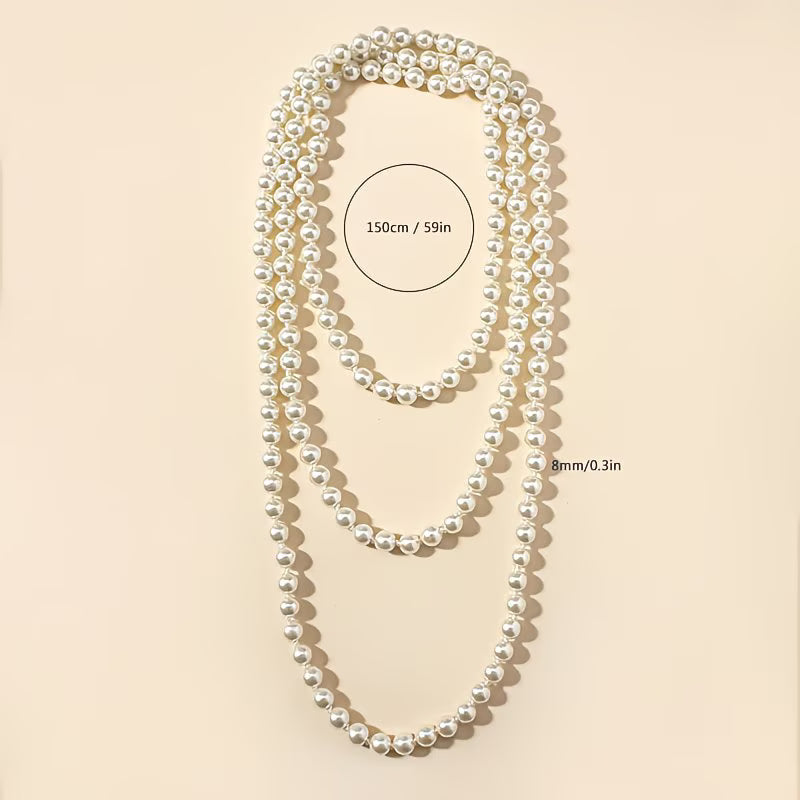 Long Double-Strand Faux Pearl Necklace with Elegant Drape