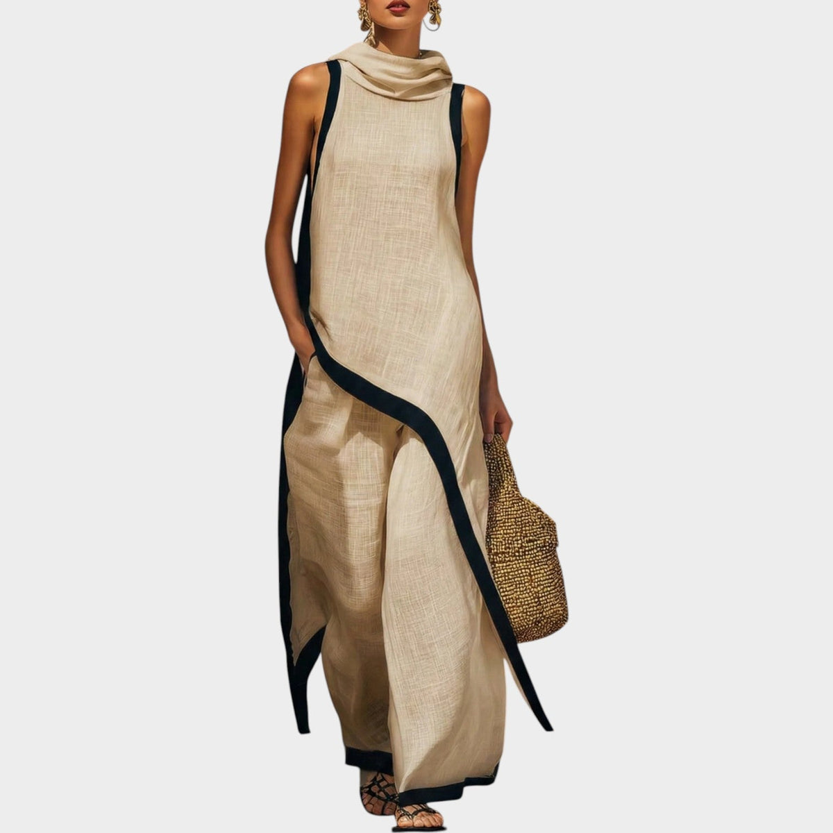 Asymmetric Two Piece Set with High Neck and Contrast Trim
