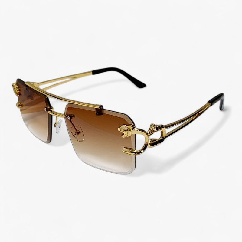Rimless Square Sunglasses with a Gold-Tone Tiger Head Detail