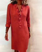 Vestido de algodón y lino con cuello de pico y detalle de volantes