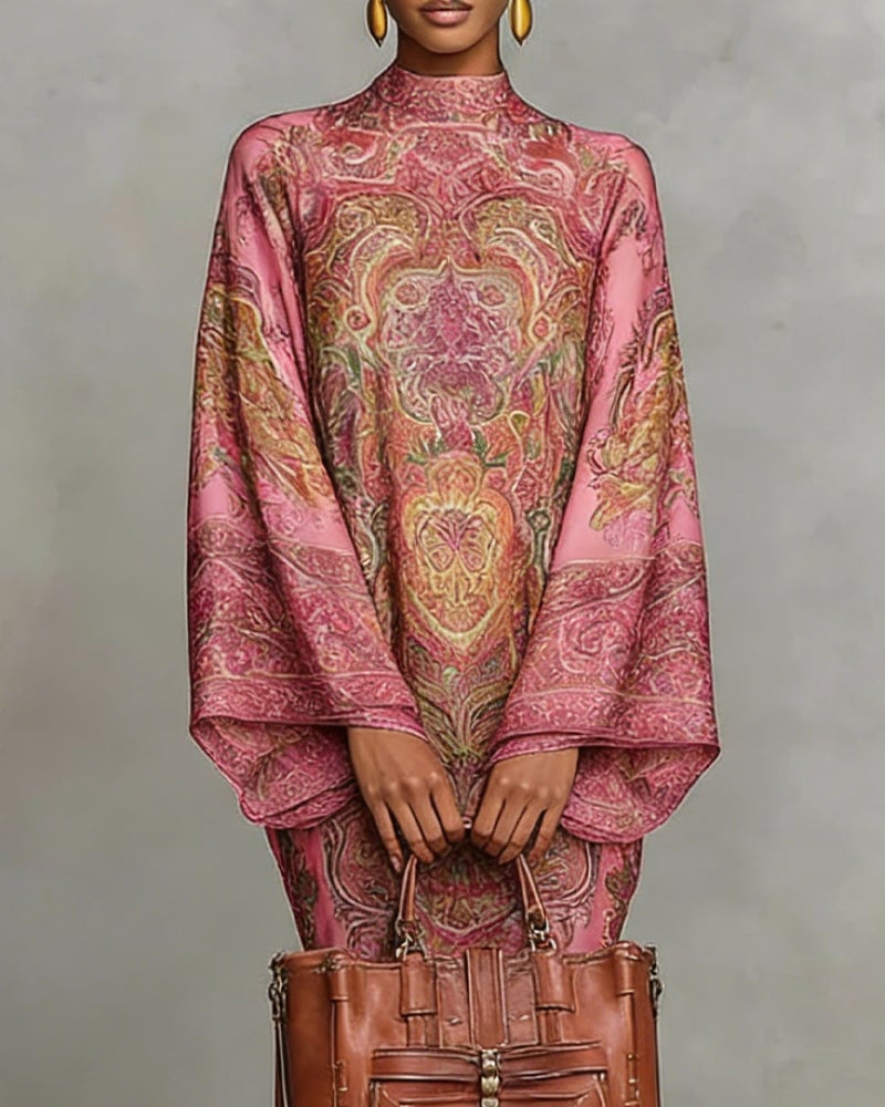 High Neck Printed Dress with Ruched Detail