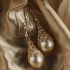 Water Drop Hollow Cage Earrings with Faux Pearl in Gold Colour