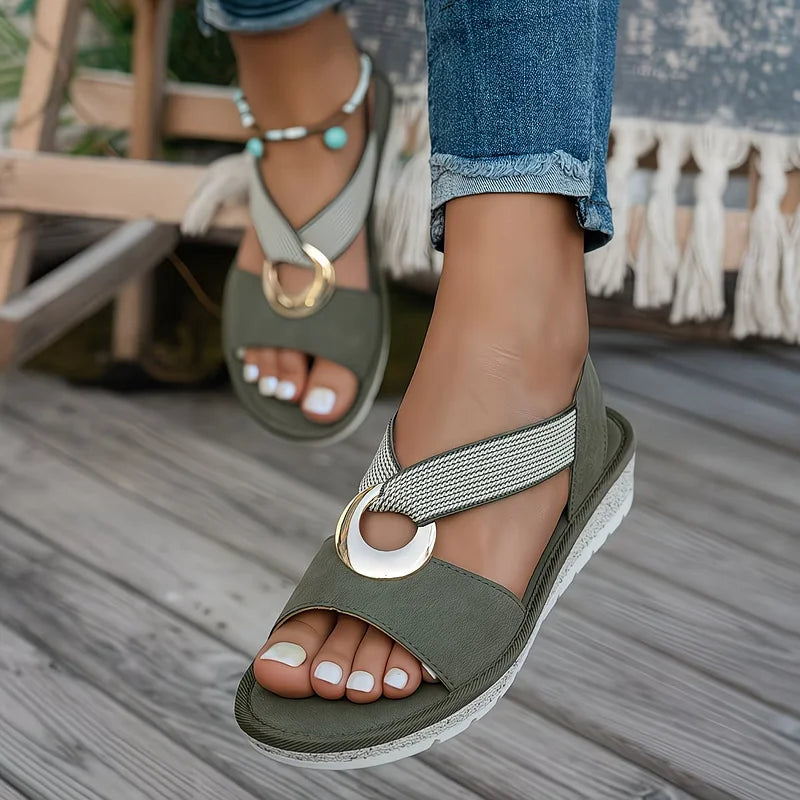 Flat Sandals with Metal Buckle and Cushioned Sole