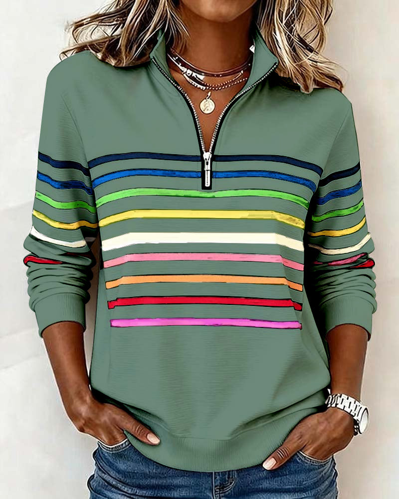Half Zip Sweatshirt with Stand Collar and Stripe Detail