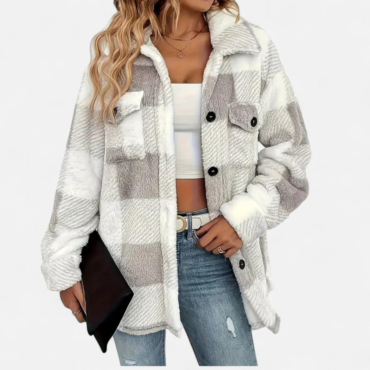 Checked Sherpa Jacket with Button Front and Oversized Fit