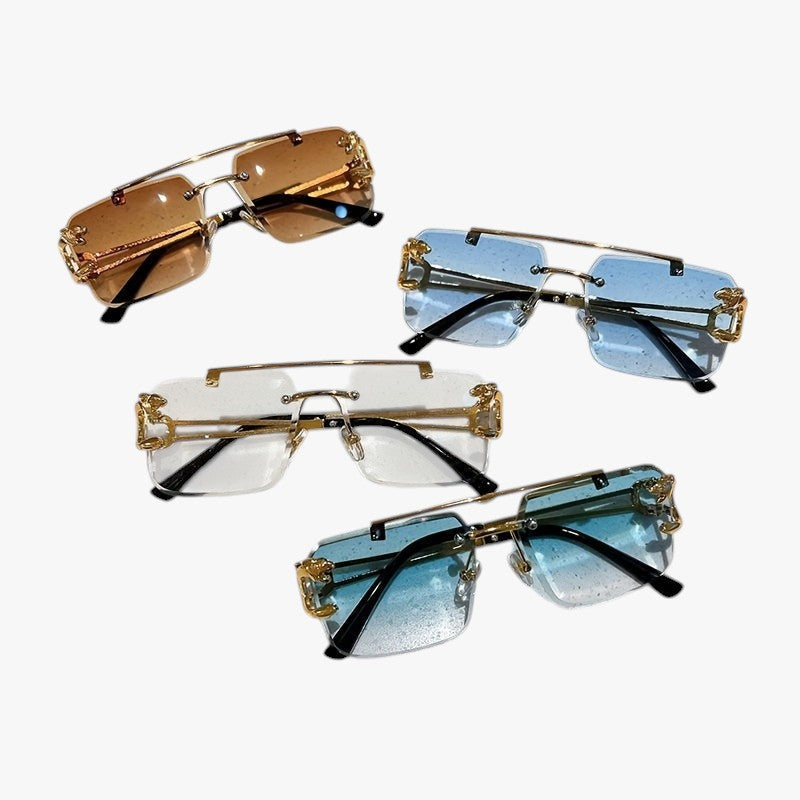 Rimless Square Sunglasses with a Gold-Tone Tiger Head Detail