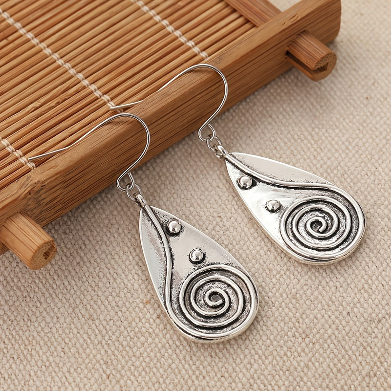 Vintage Spiral Teardrop Sun Earrings in Silver Colour