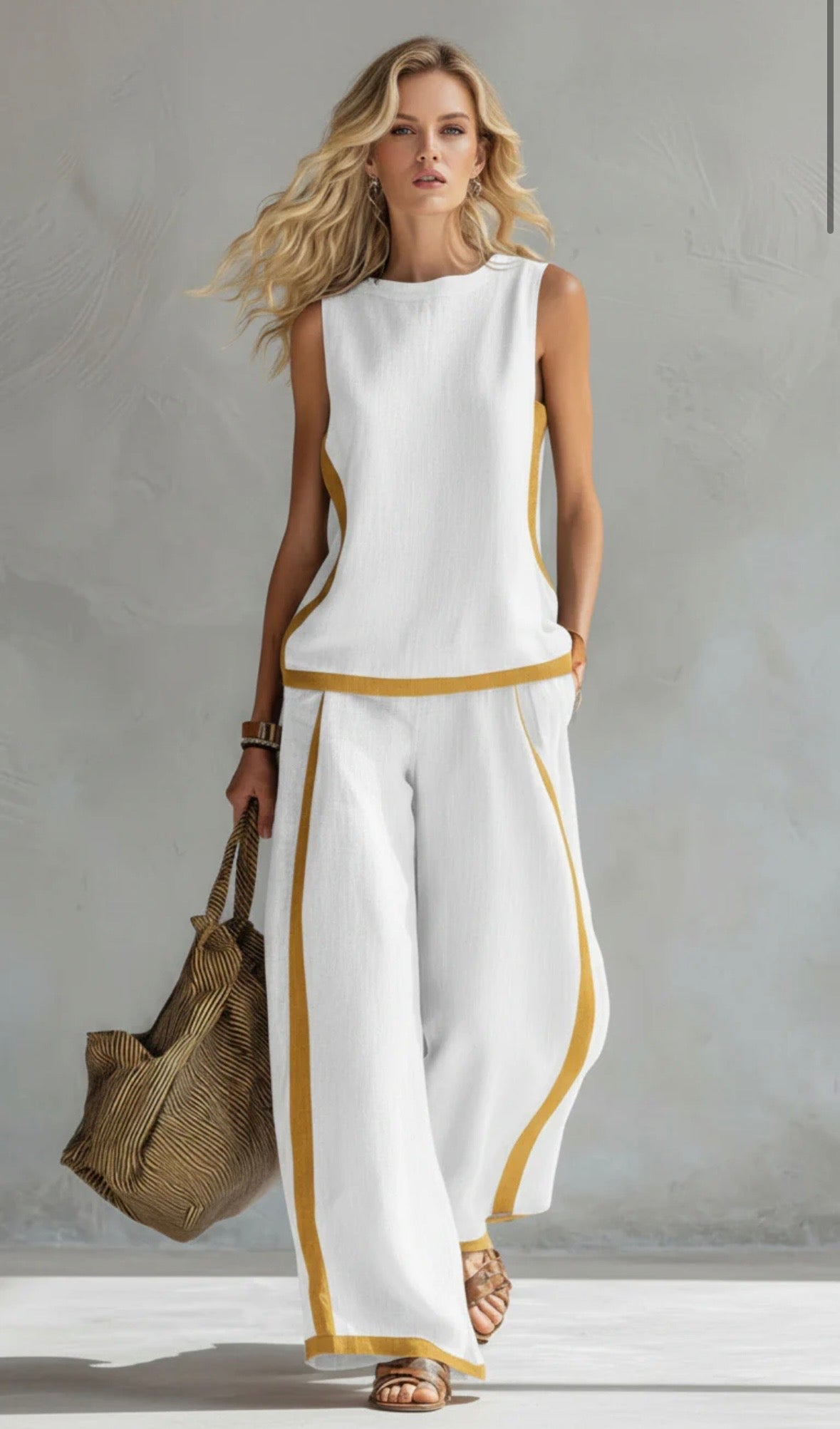 Checked Sleeveless Two Piece Set with Wide Leg Trousers