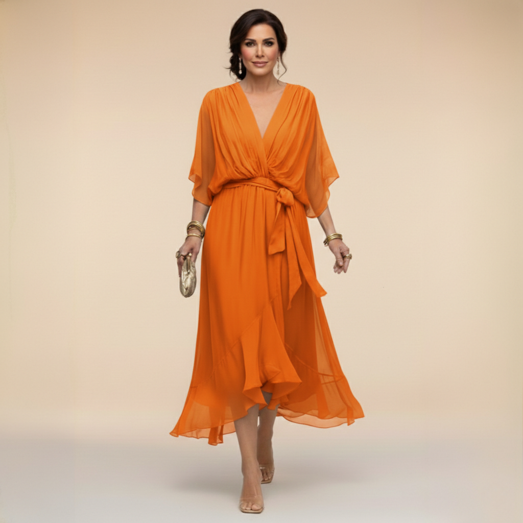 Flowing V-neck dress with soft draping detail