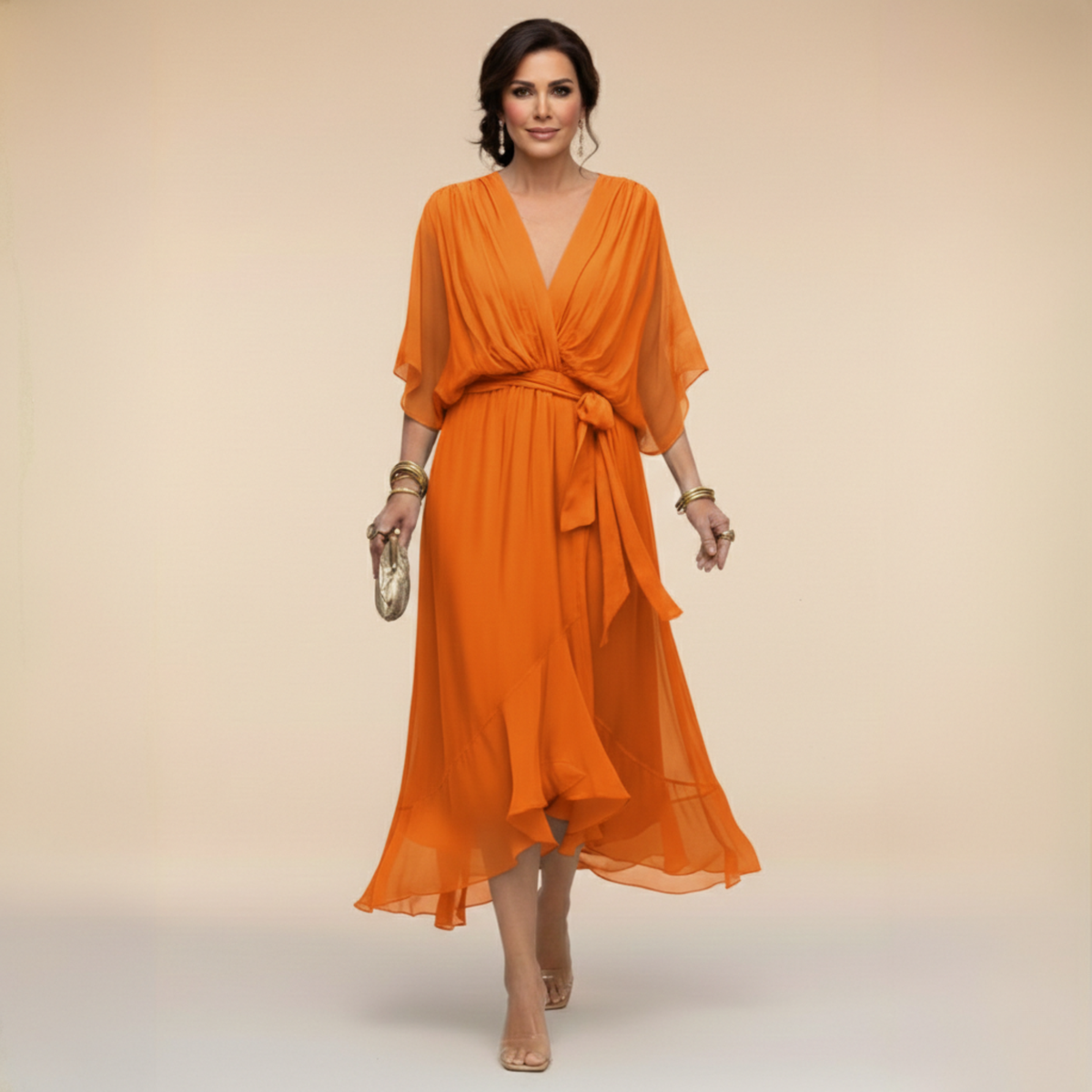 Flowing V-neck dress with soft draping detail