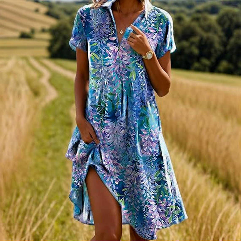 Short-Sleeve Cotton-Blend Boho Dress with Leaf Print