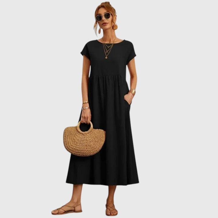 Casual Midi Dress with Short Sleeves and Pockets