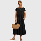 Casual Midi Dress with Short Sleeves and Pockets