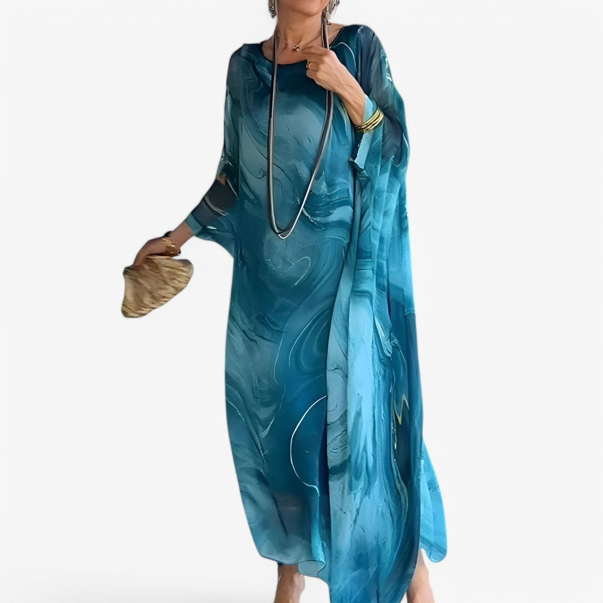 Vestido largo de gasa con estampado de mármol y mangas con volantes