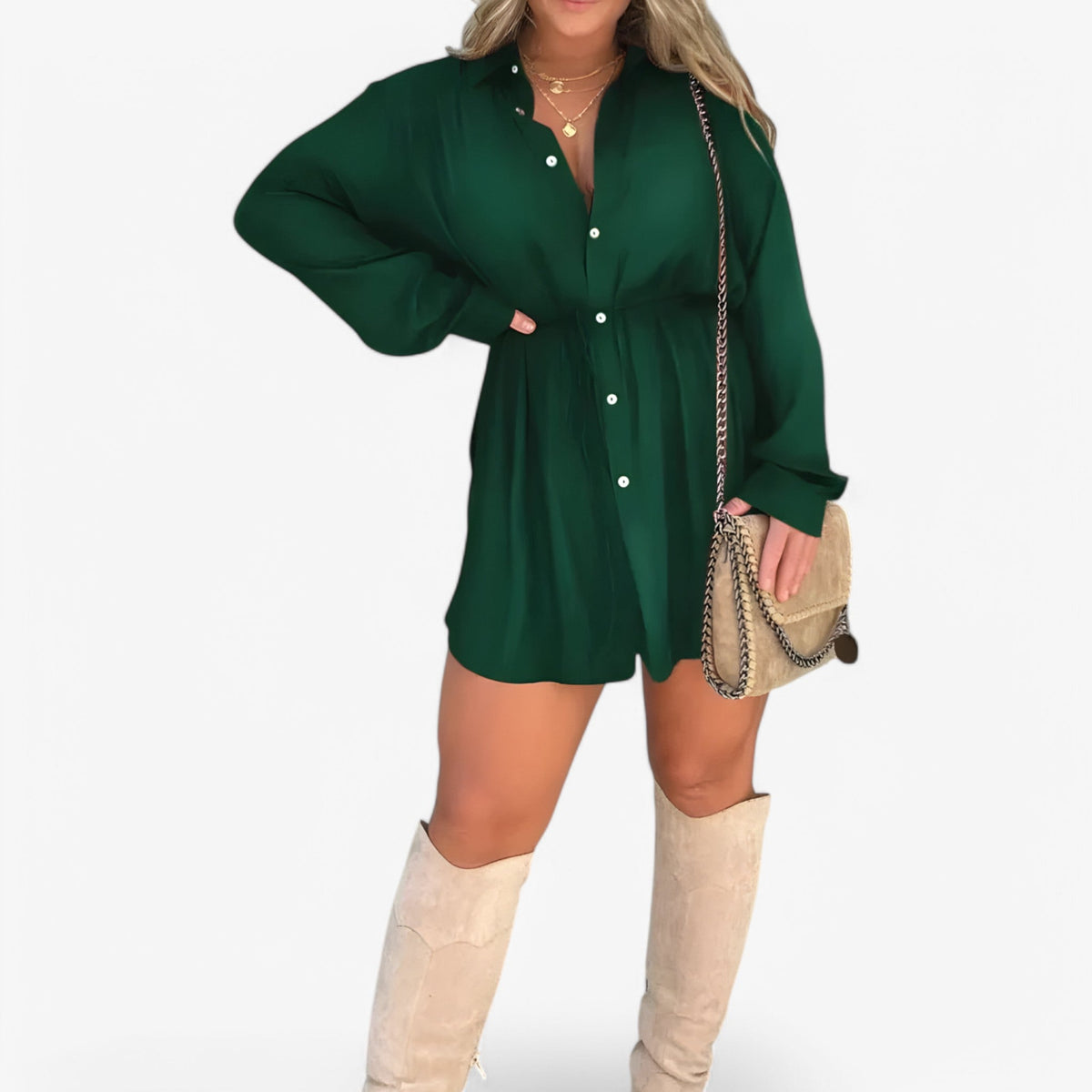 Long-Sleeve Collared Jumpsuit with Button Closure