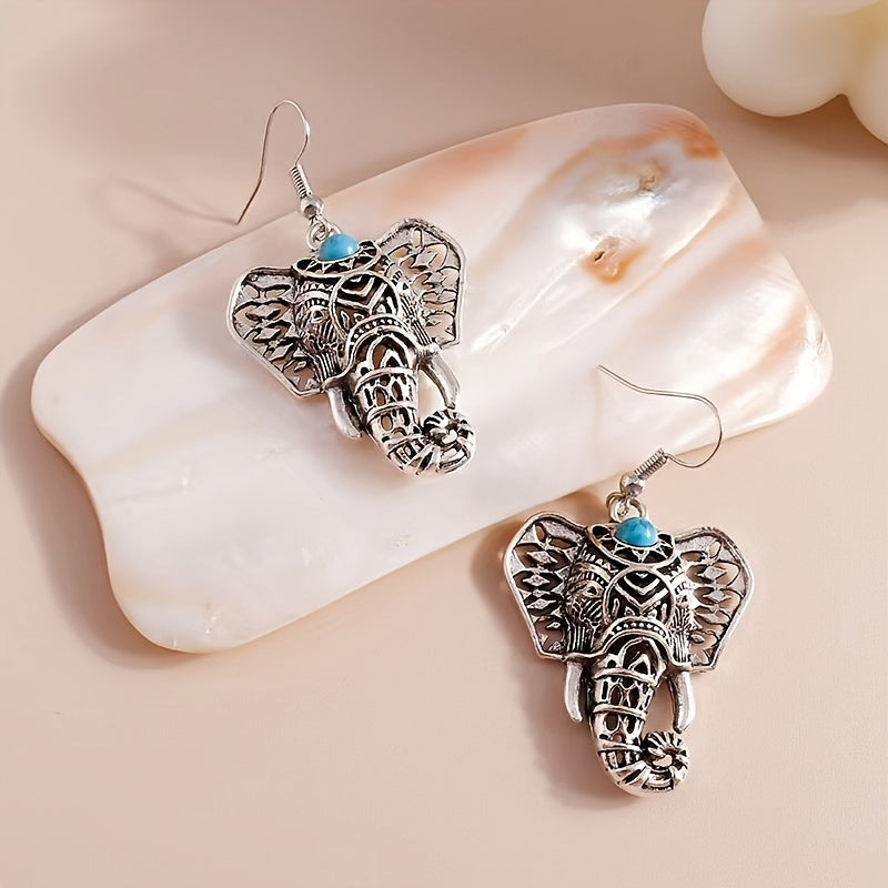 Blue-Green Stone Elephant Drop Earrings in Antique Silver Colour