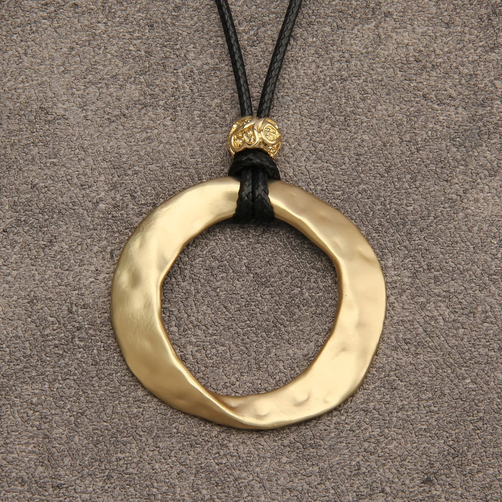 Hammered Open Circle Pendant Necklace on Leather Cord