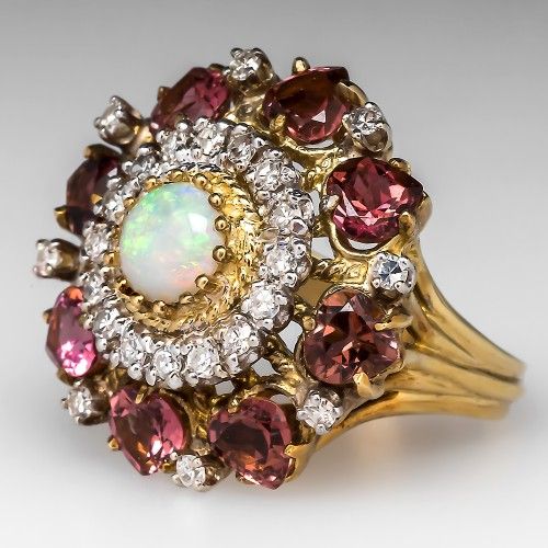 Iridescent White and Deep Red Zirconia Ring in Gold Colour