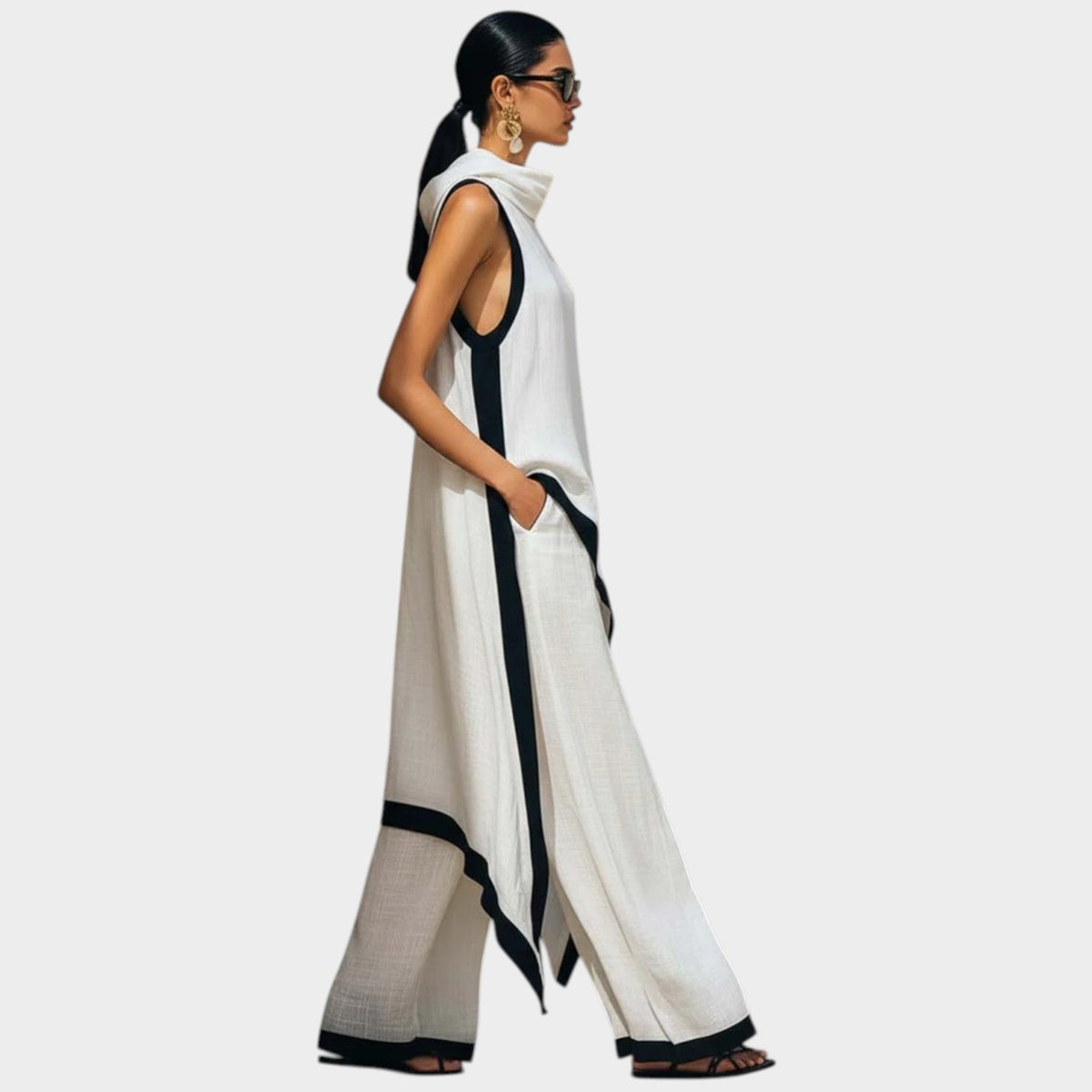 Asymmetric Two Piece Set with High Neck and Contrast Trim