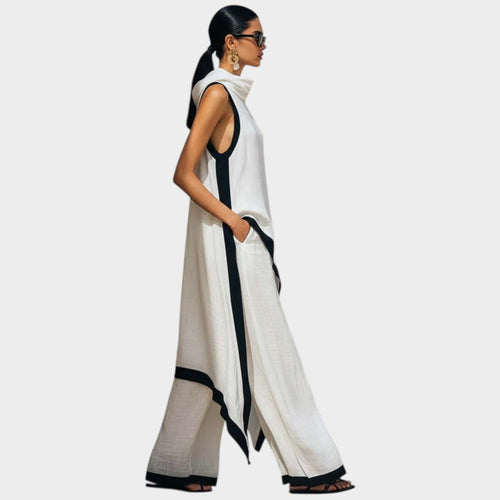 Asymmetric Two Piece Set with High Neck and Contrast Trim
