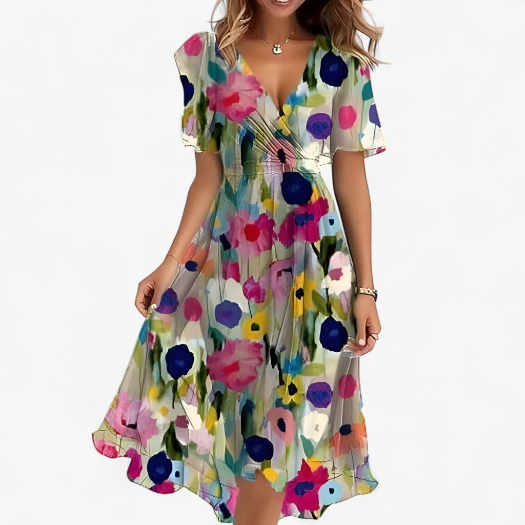 Neutral Floral Print Midi Dress with Flared Cut