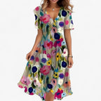Neutral Floral Print Midi Dress with Flared Cut