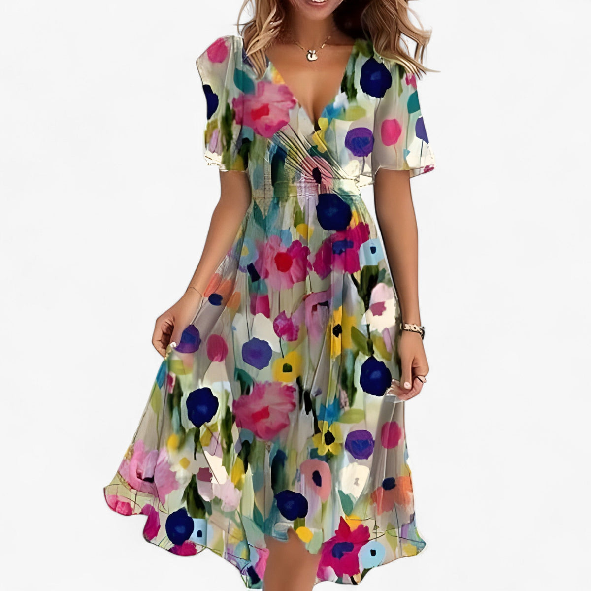 Neutral Floral Print Midi Dress with Flared Cut
