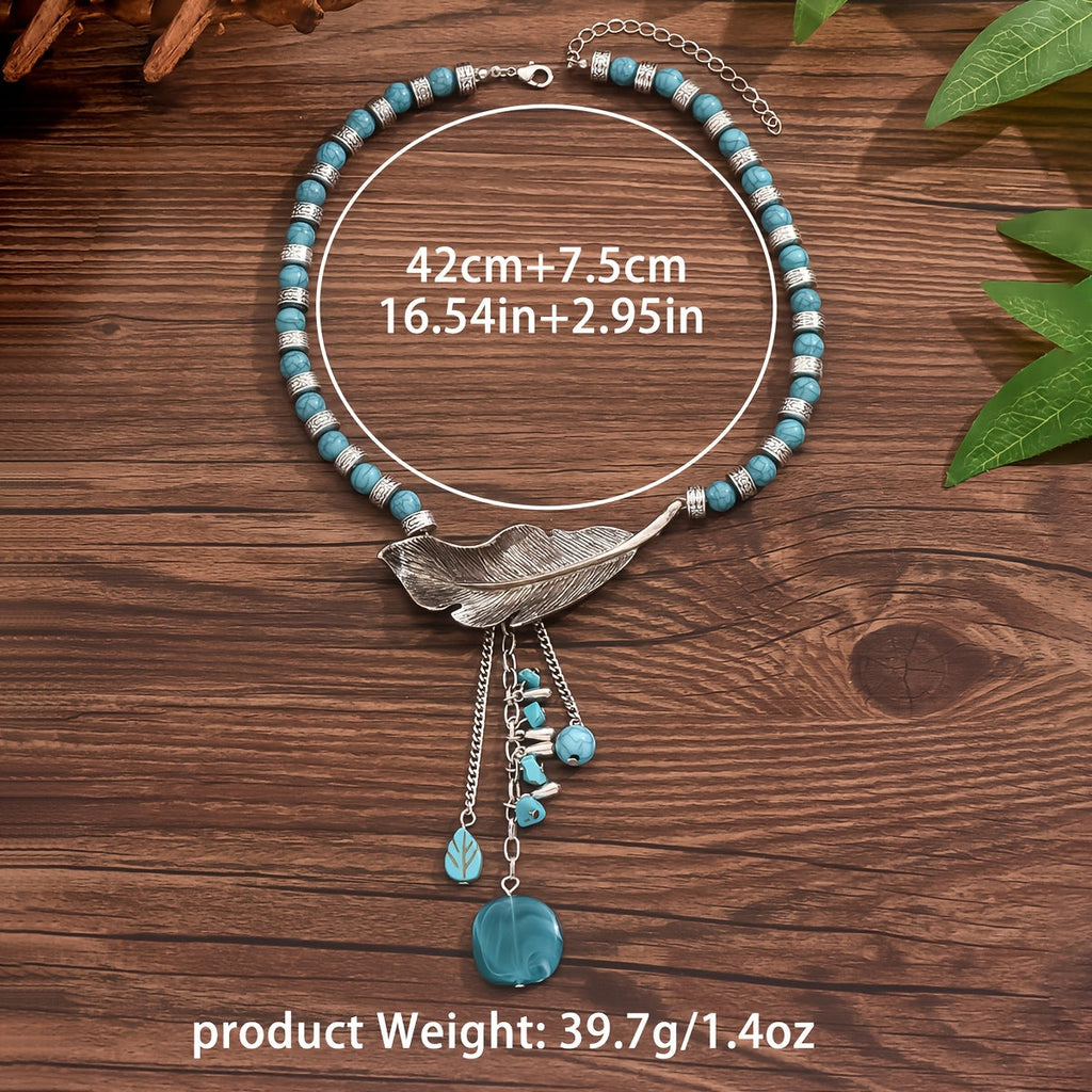 Vintage Bohemian Blue-Green Bead Leaf Pendant Necklace