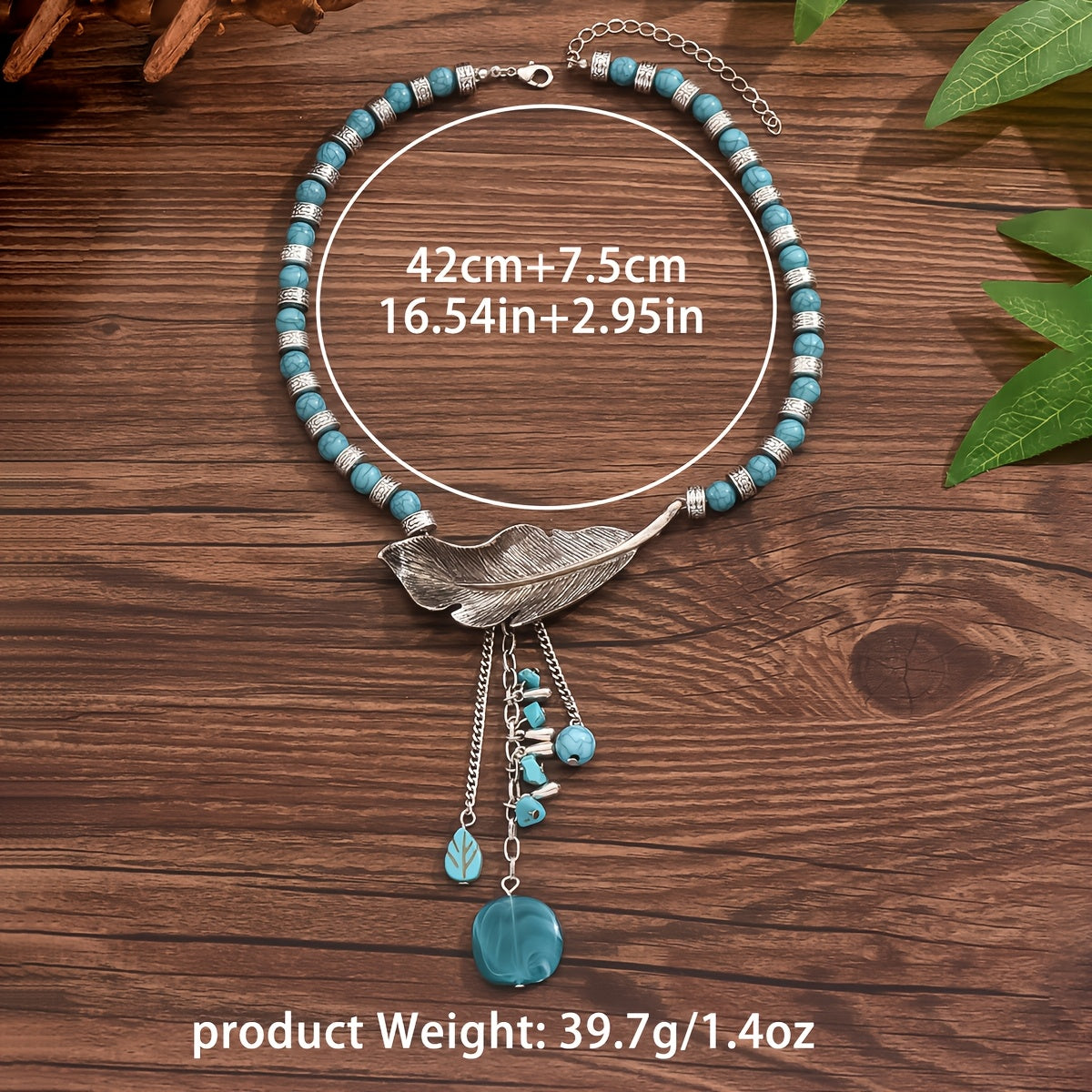 Vintage Bohemian Blue-Green Bead Leaf Pendant Necklace