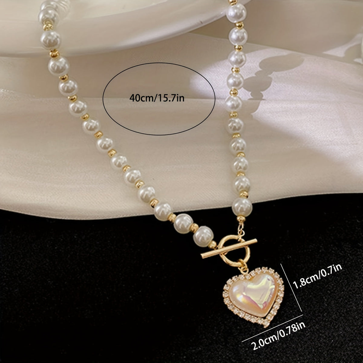 Faux Pearl Bead Necklace with Heart Pendant in Gold Colour