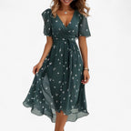 Neutral Floral Print Midi Dress with Flared Cut