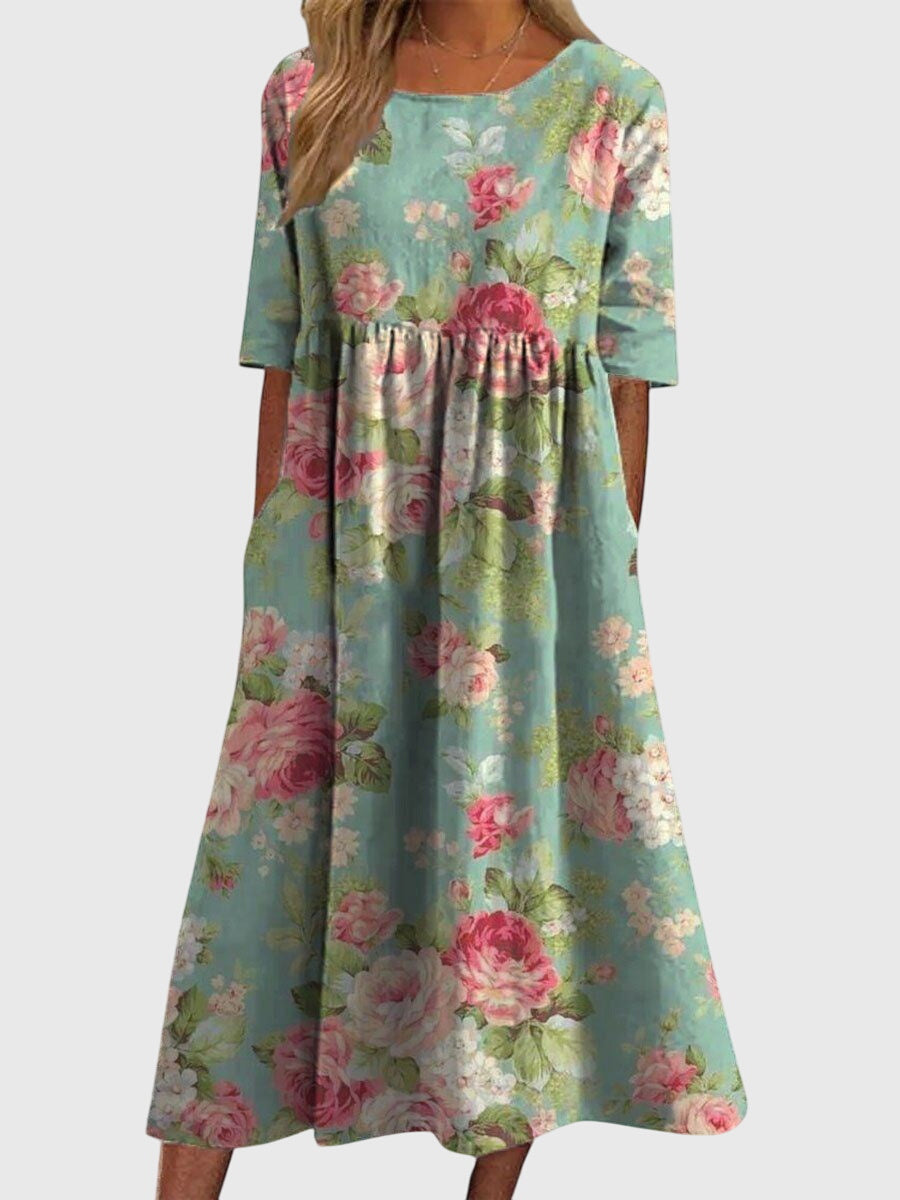 Flowing Dress with Ruched Detail and Embroidery