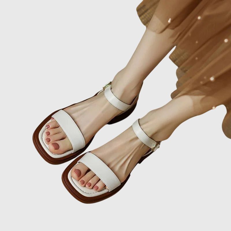 Leather Look Sandals with Block Heel and Cushioned Footbed