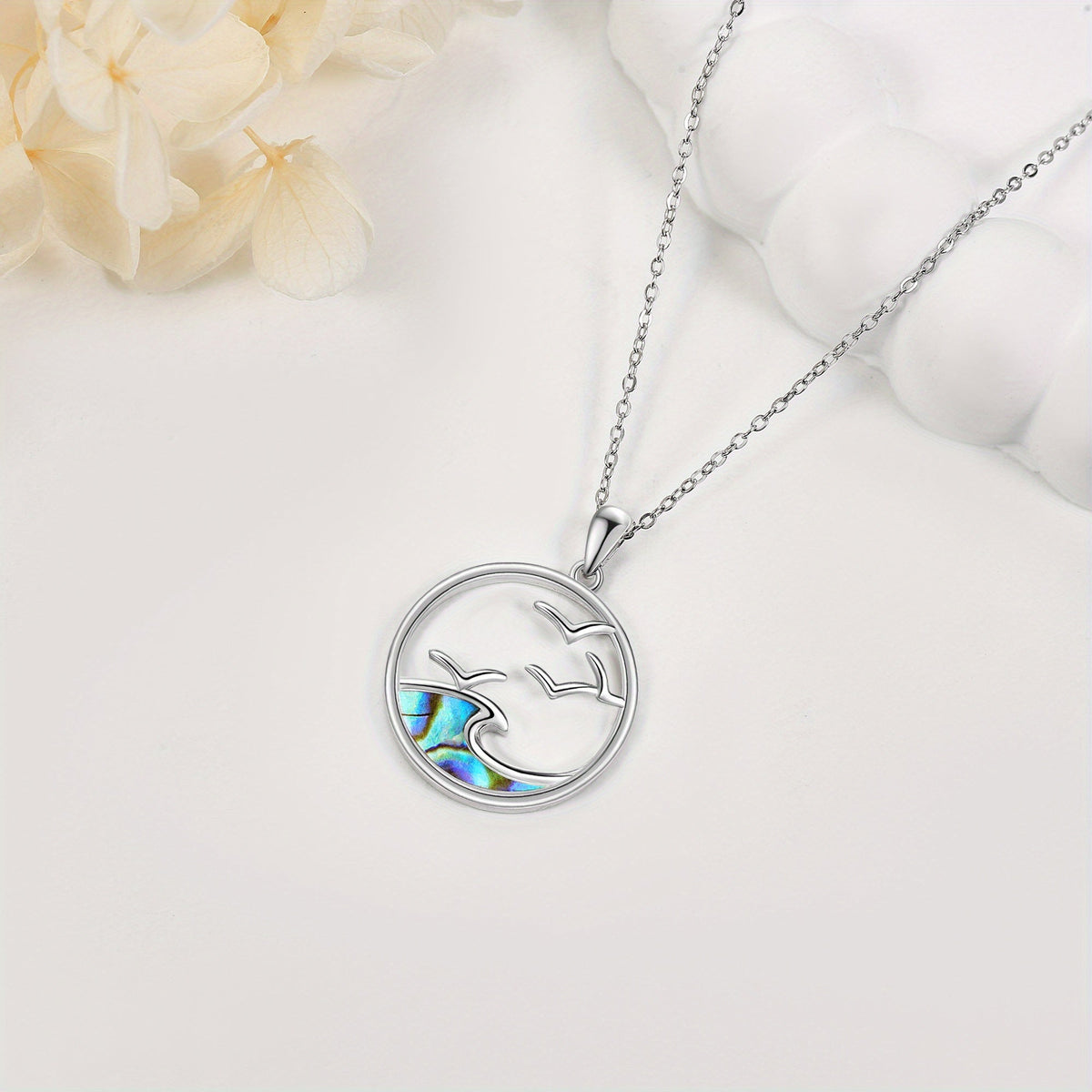 Seagull and Wave Pendant Necklace with Coastal Scene