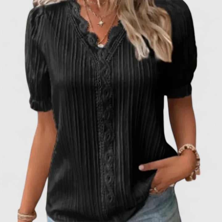 V-Neck Blouse with Cut-Out Short Sleeves