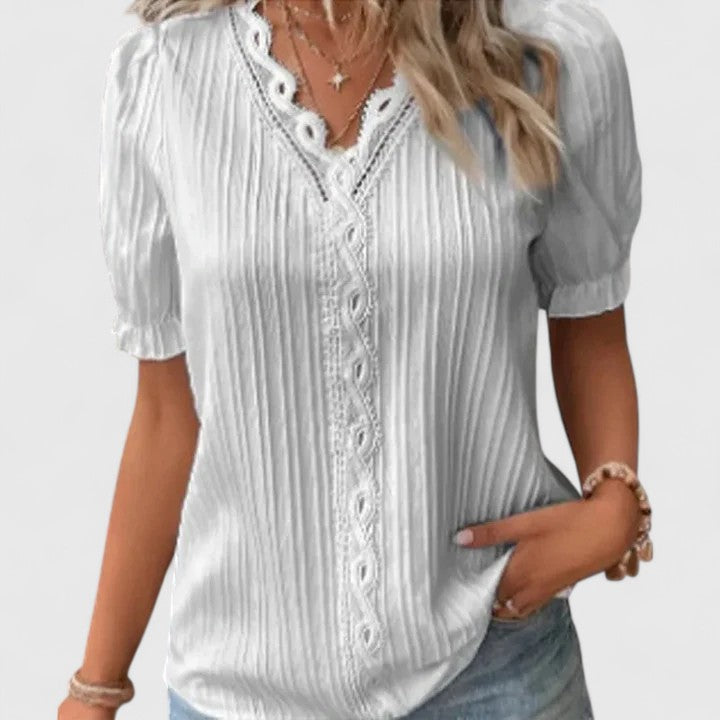 V-Neck Blouse with Cut-Out Short Sleeves