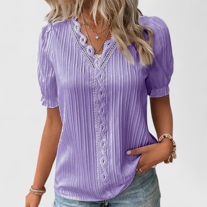 V-Neck Blouse with Cut-Out Short Sleeves